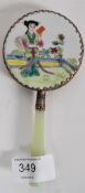 An early 20th century ladies jade vanity mirror having ceramic plaque to verso with famille rose