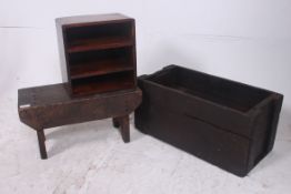 A scratch built workmans vintage stool along with two vintage wooden heavy duty industrial crates.