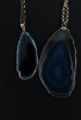 2  silver and blue and clear agate stone pendant necklace. the 925 silver chains and hoop mounted to