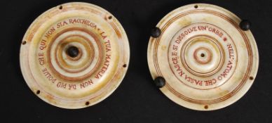 A 19th century Ivory hour glass base and top inscribed in red with notation  Nell Atomo Che Passa