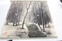 A vintage Chinese Oil On Scroll of Crane