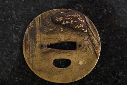 A Japanese brass and gold inlaid tsuba h