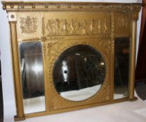 A 19th century Regency gilt wood and gesso tryptych overmantel mirror.