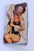 A large silver plated cigarette case with enamel set pictorial portrait of a young maiden.