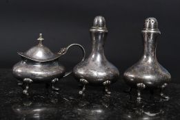 A set of antique silver plated condiment shakers and mustard pot. EPNS marked to base.