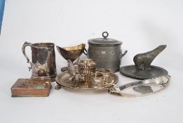 A collection of silver plate etc items to include a pewter polar bear ashtray,
