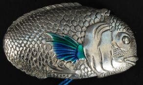 A silver plated and enamel set vesta in the form of a fish having enamel painted gills