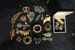 A good collection of vintage costume jewellery brooches along with some pendants