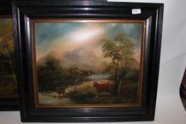 A pair of Victorian  oil on canvas highland scene Scottish paintings set within the original
