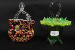 Victorian end of day Spatter / Tutti Frutti Glass basket / vase having a  thorn twisted handle