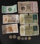 COINS; A collection of coins and banknotes to include silver crowns, marks (10,000 + 100,
