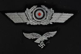 German rare ww2 luftwaffe silvered thread breast eagle together with embroidered cap badge with