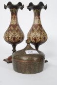 A decorative pair of laquered Indian brass enamel painted vases together with a 19th century