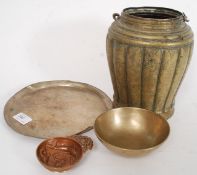 A middle eastern brass chase decorated jar ( af) together with a silver plated brass opium tray,