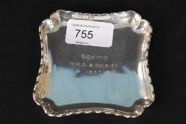 A silver hallmarked pin tray having incised notation for Boxing R.M.A. & Belsize 1937.