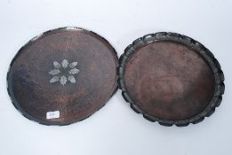 A copper arts and crafts hand beaten tray embellished with acorns and oak leaves stamped PG along