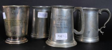 A collection of vintage mid 20th century silver plate / pewter tankards,
