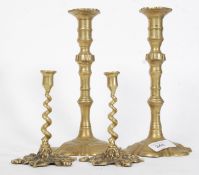 2 pairs of 19th century brass candlesticks to include small barleytwist examples