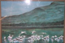 A framed and glazed pastel painting by Colin Downs entitled Serengeti Flamingo