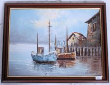 Oil on board painting of a Cornish boating scene, depicting boats at harbour. Framed.