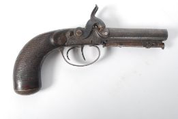 A Georgian 19th century double barrel percussion pistol having captive swivel ramrod with safety