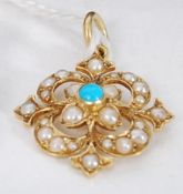 An 18ct gold turquoise and seed pearl set necklace pendant.