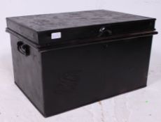 A Victorian 19th century ebonised metal deed box / tin chest having hinged top.