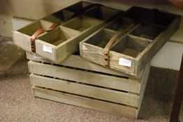 A collection of vintage woodenwares to include 2 trugs with leather straps along with a wooden