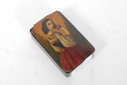 A 19th century papier mache snuff box having hinged top with painted 3/4 portrait study of a maiden