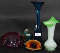 A collection of studio art glass from the 20th century to include stem vases, handkerchief vases,