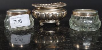 A hallmarked antique silver dish, 1899 London, along with 2x silver banded glass dishes.