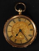 An 18ct gold ( marked ' 18k ' ) cased gents pocket fob watch with delicate floral engraving to case,