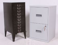 A good mid 20th century Industrial army green metal pedestal filing cabinet raised on angled with a