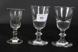 An 18th century cut glass sherry glass having flared bowl together with 2 19th century port /