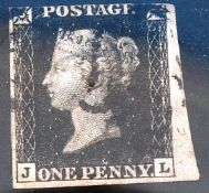 1840 1d Penny Black stamp. Letters JL from right hand of sheet showing part selvedge.