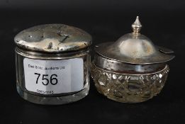 A silver and cut glass hallmarked pill box together with a cut glass and silver rim pin bowl and a