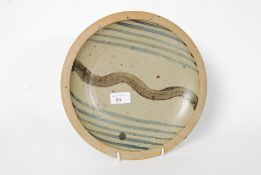A David Leech studio pottery plate - swirl and line decoration with paper label to rear for Lower