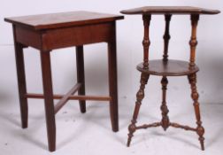 A mahogany Victorian gypsy table raised on turned legs together with an oak side table with single