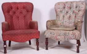 A pair of Victorian style button back spoon shaped bedroom armchairs in the Victorian style raised