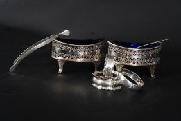 Silver hallmarked napkin rings, EP wish bone sugar tongs,