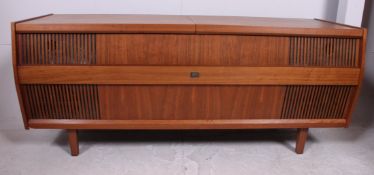 A vintage Hi-Fi teak record player having fabulous angled teak wood case with hinged top.