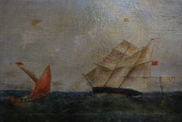 An unsigned 19th century oil on canvas painting of two boats on a sea scape.
