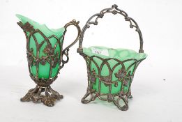 A 19th century ? unusual rococo silver plated and green glass lined bon bon basket together with a