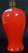 A 1970's Venini Murano coloured red glass table lamp with electrics to top bearing original paper