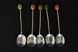 A set of 5 Art Deco 1930's silver and enamel hallmarked coffee bean spoons by Turner & Simpson