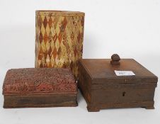 A 1930's rustic form cigarette box together with  a Chinese laquer box and and wooden weave box