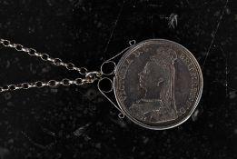 A Victorian 1891 silver crown - Jubilee bust facing left being set within a silver 925 chain and