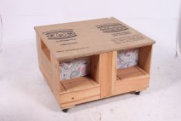 An unusual scratch built Industrial style coffee table constructed from wine boxes having hessian