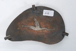 A Chinese copper and silver inlaid ashtray with silver inlaid stork to centre of the lozenge shaped