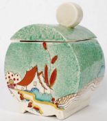 A Clarice Cliff hand painted 1930's Art Deco Bonjour shaped pot, with removable lid.